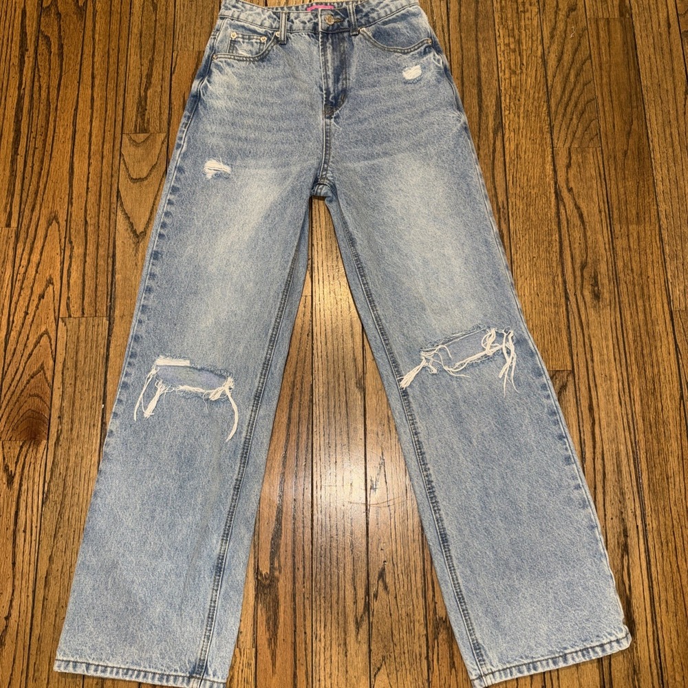 Edikted Womens Size S Light Wash Mid Rise Distressed Wide Leg Jeans Ripped 30"